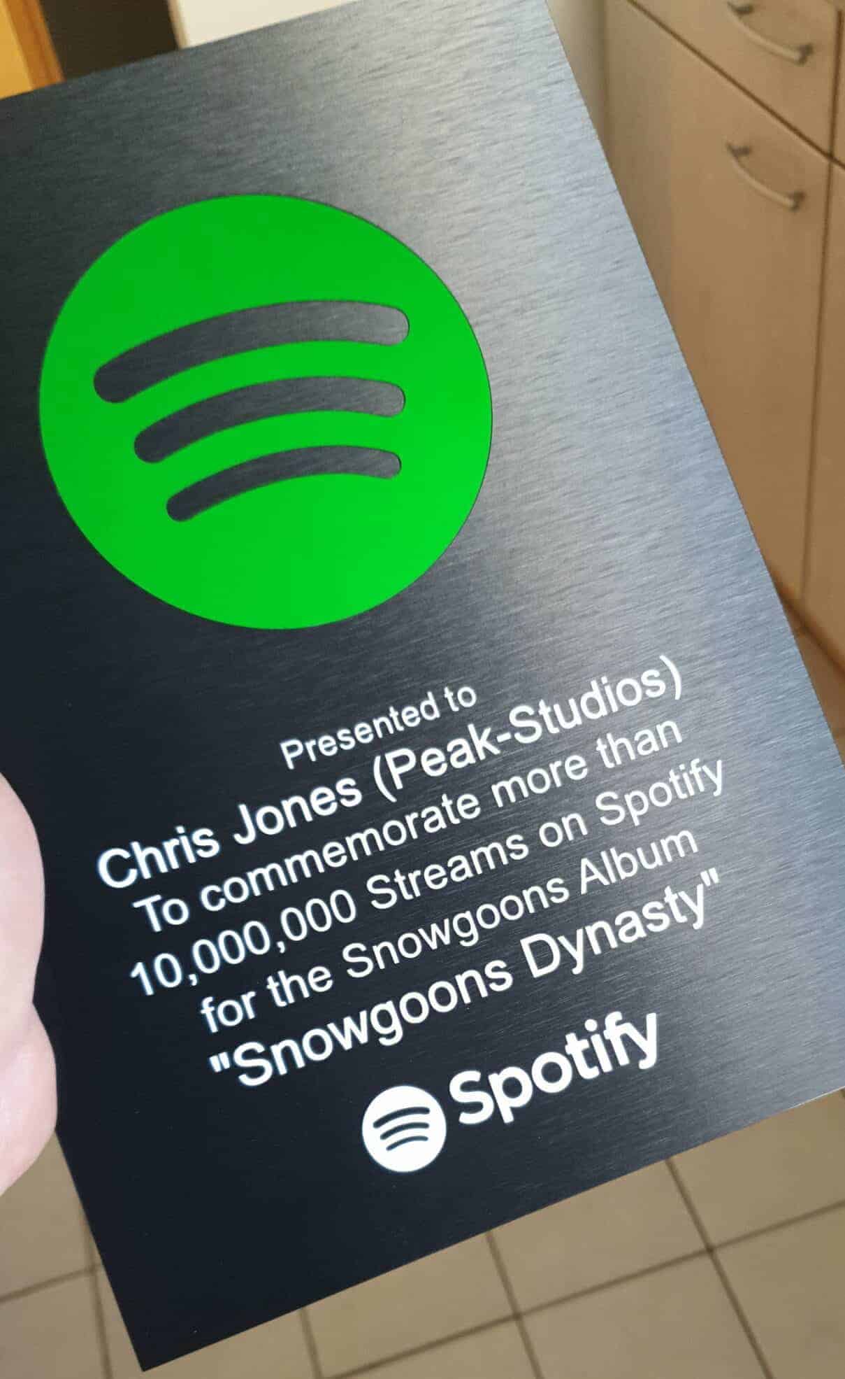 Snowgoons Dynasty Spotify Award for Chris Jones of Peak-Studios