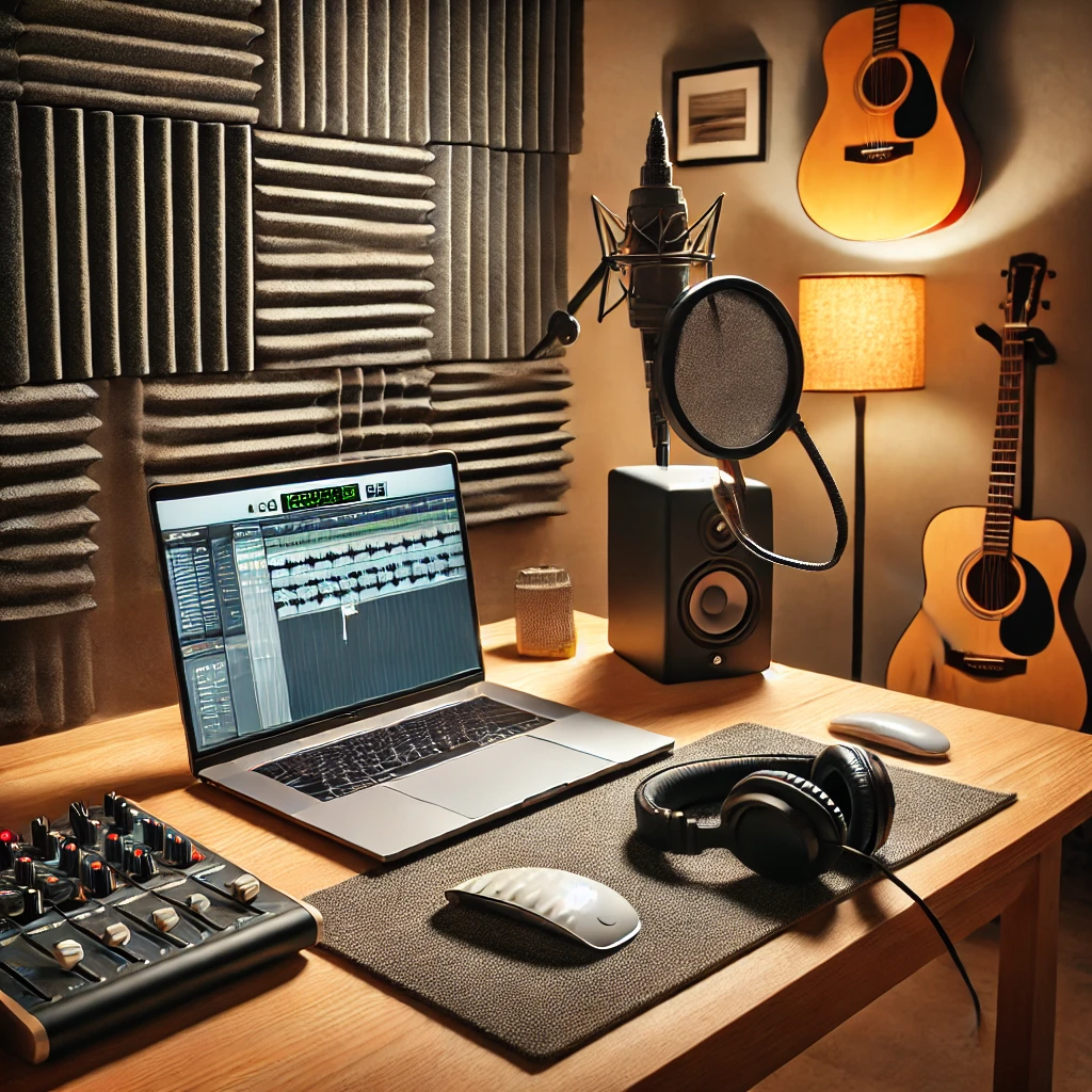 Homerecording Umgebung. Laptop, Mikrofon, Akustik