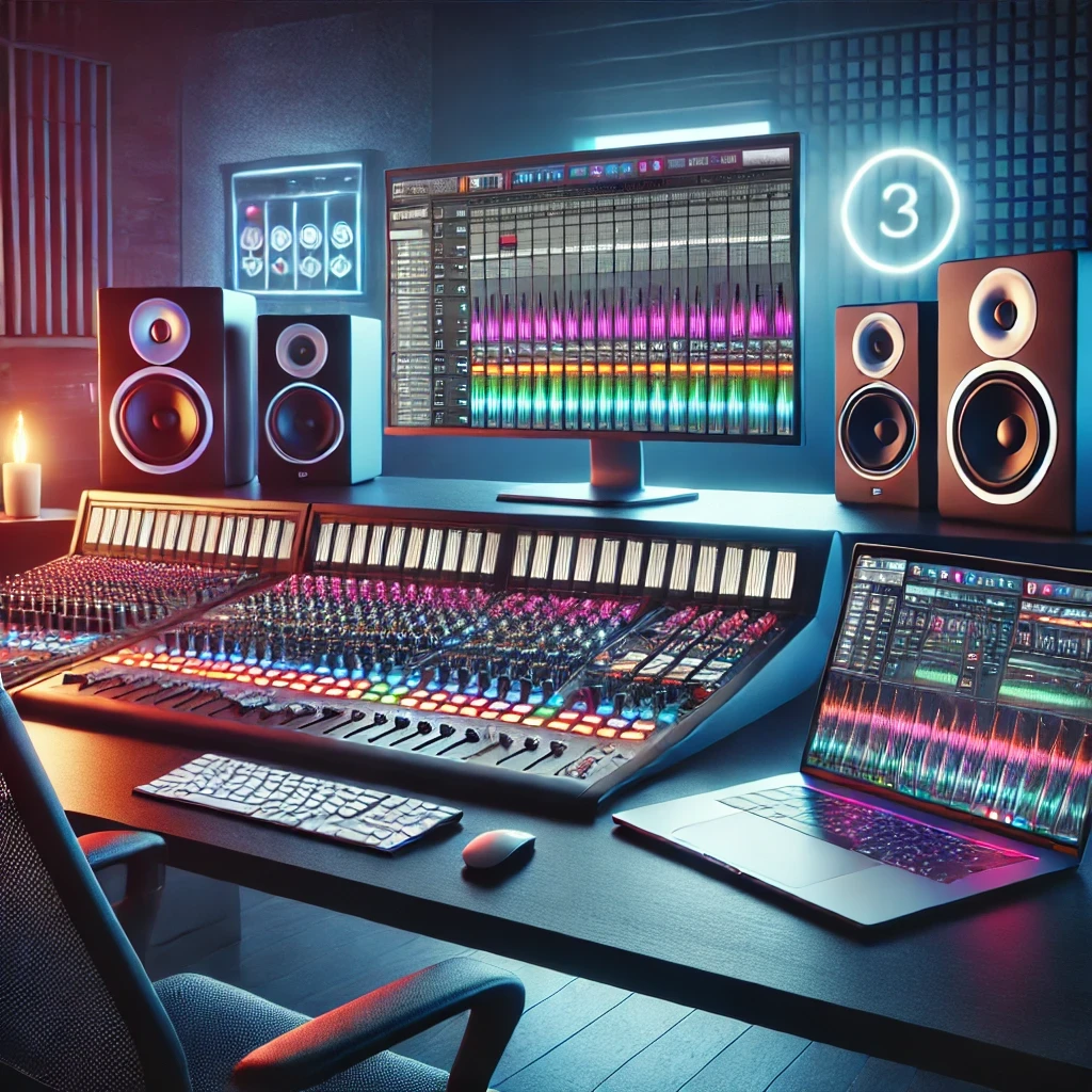 Tonstudio Arbeitsplatz mit Mischpult und Monitorboxen
