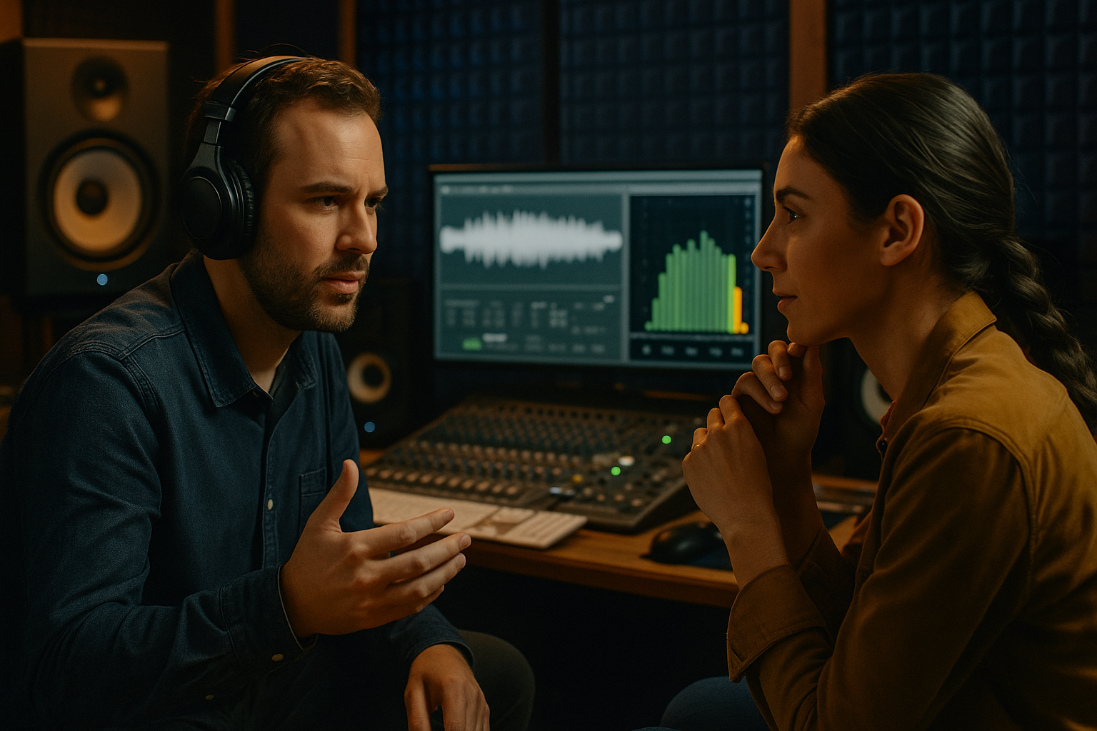 Zwei Personen im Mastering Studio führen ein Feedback gespräch über den Mixdown.