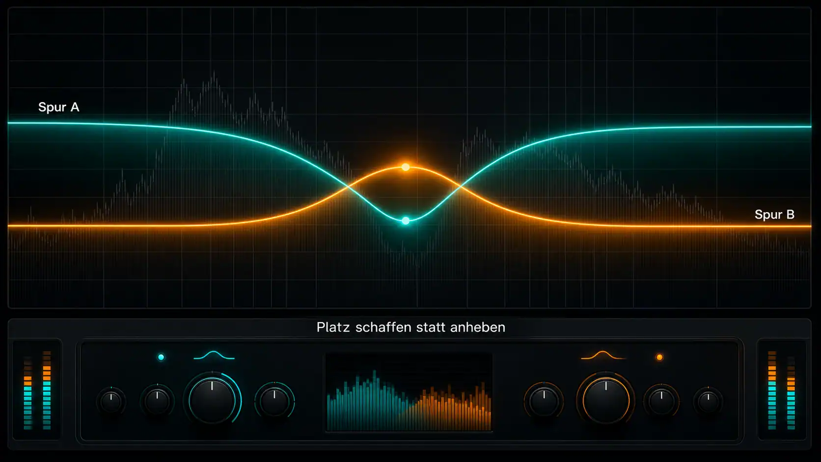EQ-Plugin mit zwei ineinandergreifenden Kurven: Spur A in Teal senkt ab, wo Spur B in Orange anhebt — komplementäres EQing.