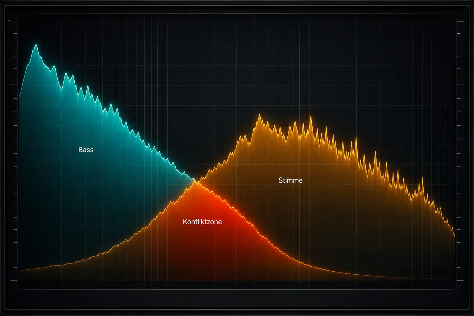 Spektrum-Analyzer mit Bass in Teal und Stimme in Orange; die rot leuchtende Konfliktzone zeigt die Frequenzmaskierung in den unteren Mitten.