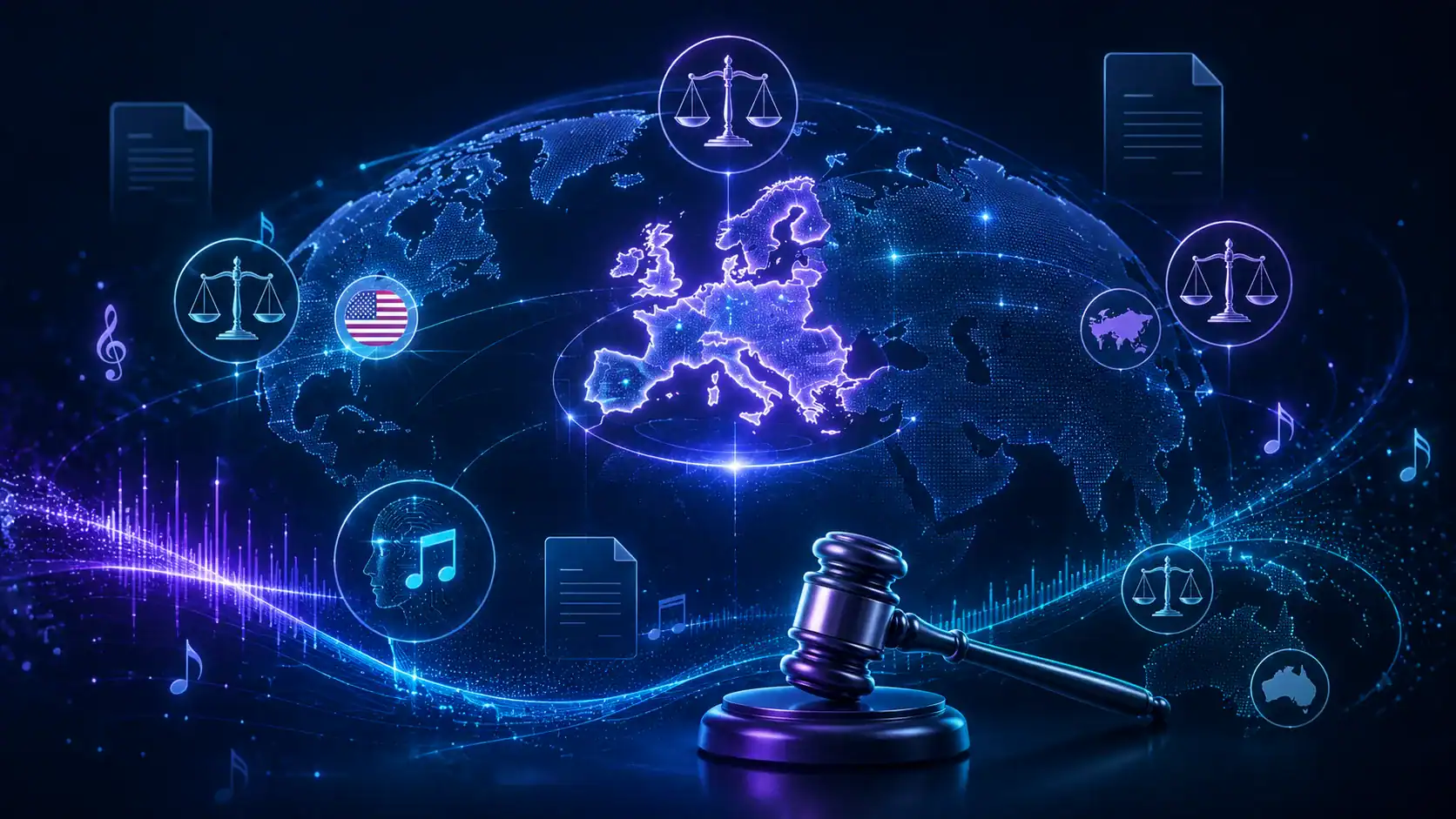 Weltkarte mit Europa, Justizwaagen, US-Flagge und Richterhammer – KI-Musik-Urheberrecht in USA, EU, UK und international