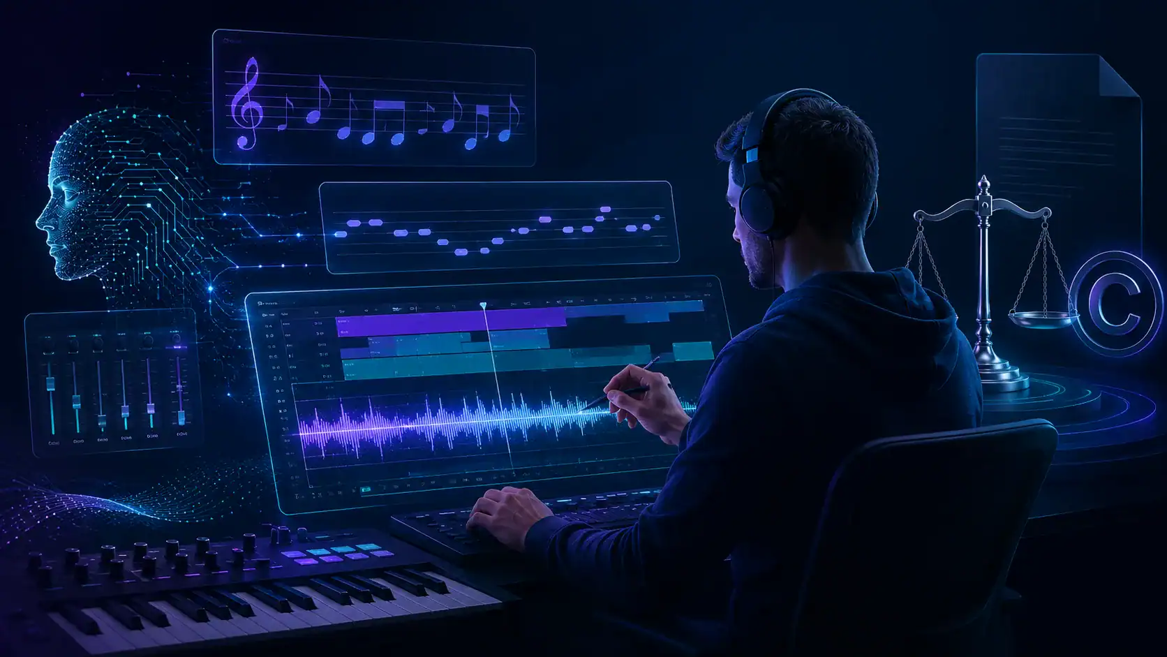 Musikproduzent mischt einen KI-Song am DAW mit Kopfhörern, KI-Gesicht und Justizwaage im Hintergrund