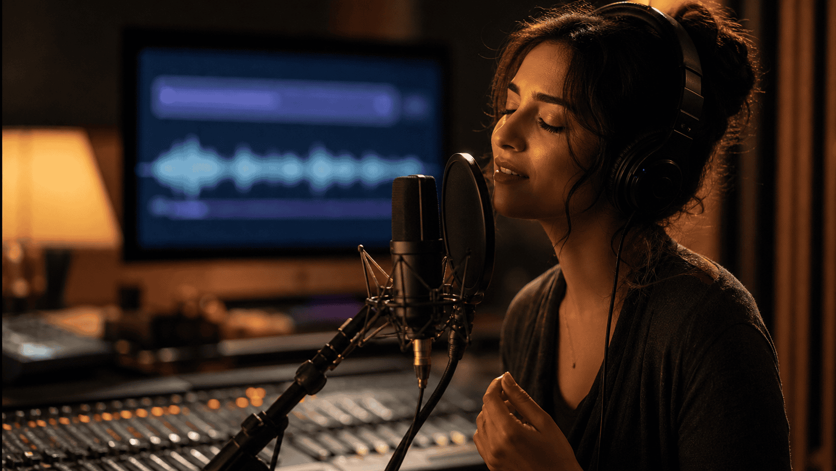 eigene Vocals auf KI-Songs – KI-Vocals bearbeiten: Sängerin am Studiomikro, AI-Gesang wird im Mix natürlich abgemischt