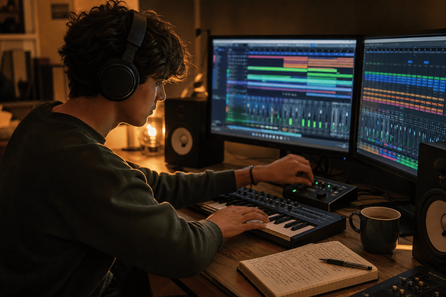Junger Musikproduzent baut im Heimstudio an seinem Portfolio mit DAW, Kopfhoerern und Notizen