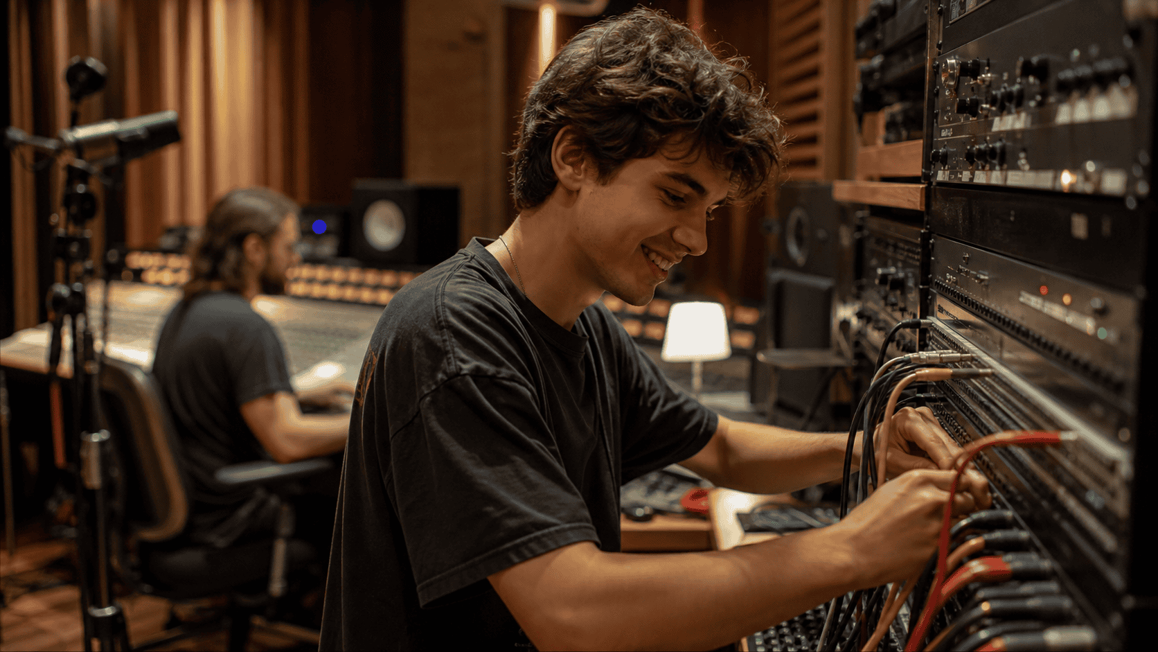 Praktikant verkabelt im Tonstudio ein Outboard-Rack waehrend der Ausbildung Audio Engineer im Praktikum