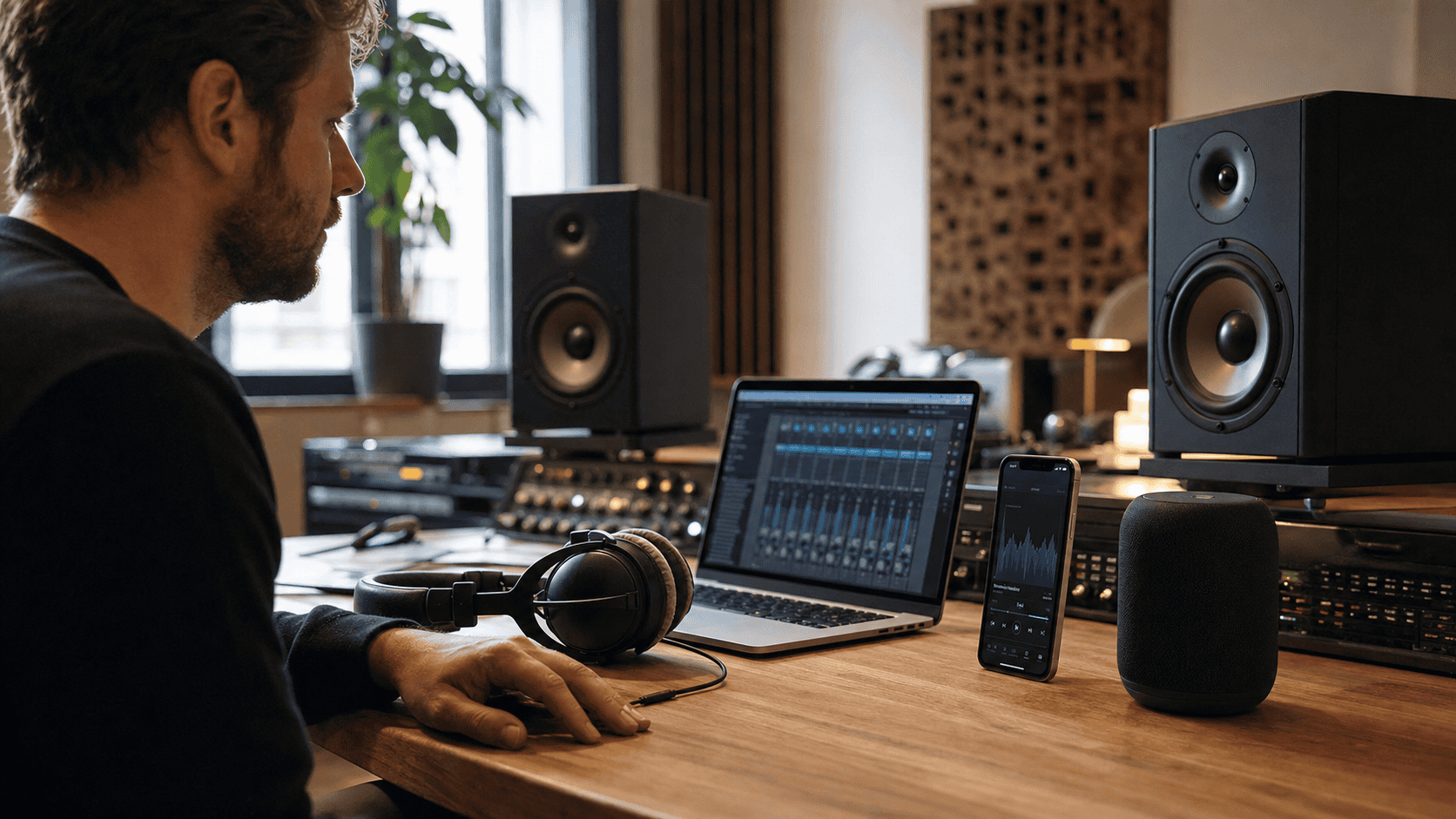 Engineer prüft beim Song mixen lassen den Mix auf Monitoren, Kopfhörern, Laptop und Smartphone