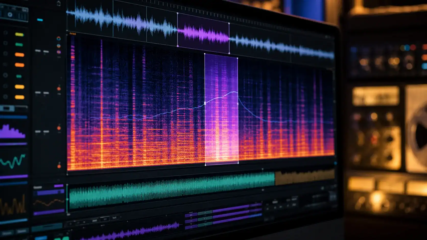 Audio-Analyse mit Spektrogramm und Wellenform, mit der sich KI-Musik erkennen lässt