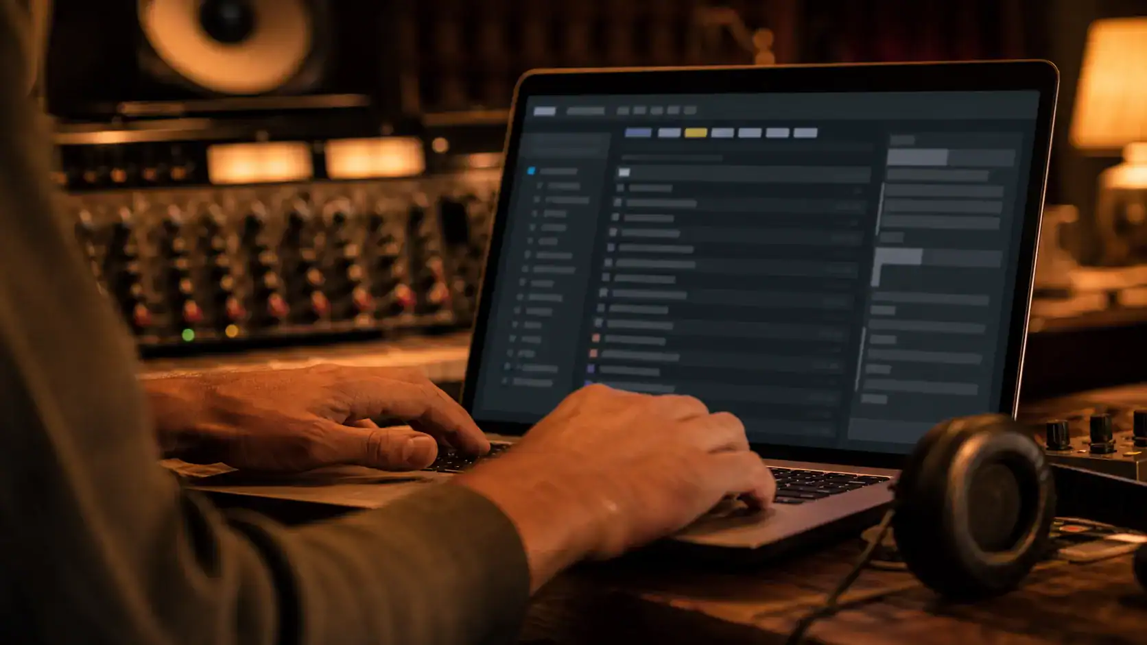 Musikproduzent dokumentiert Metadaten und Credits eines Tracks am Laptop im Studio
