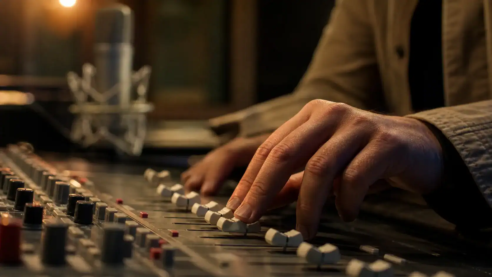 Hände am analogen Mischpult — menschliches Handwerk unterscheidet echte Musik von KI-Musik