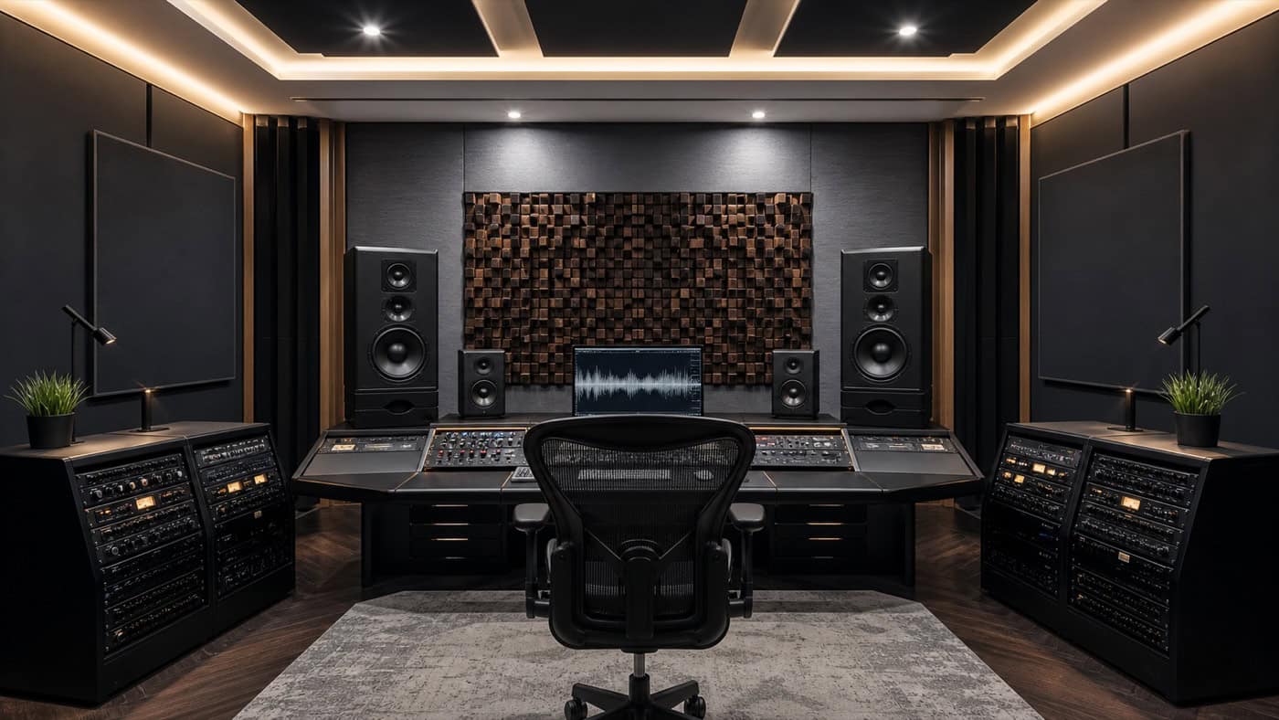 Weitwinkel-Blick in ein professionelles Mastering-Studio mit symmetrischer Raumgestaltung, Referenz-Monitoren und Akustikdiffusoren.