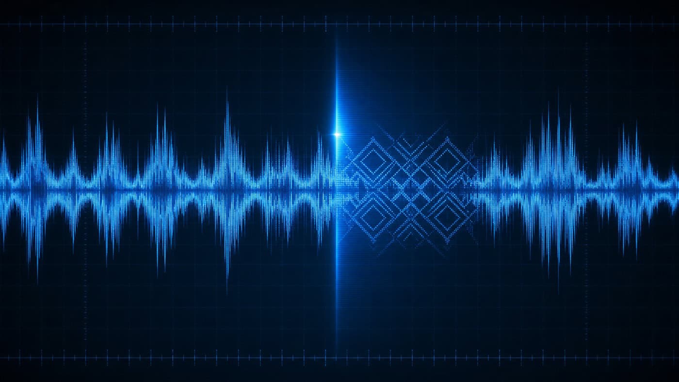 Konzeptionelle Visualisierung eines Audio-Wasserzeichens als feines geometrisches Muster auf einer Wellenform in kühlem Blau auf dunklem Hintergrund.