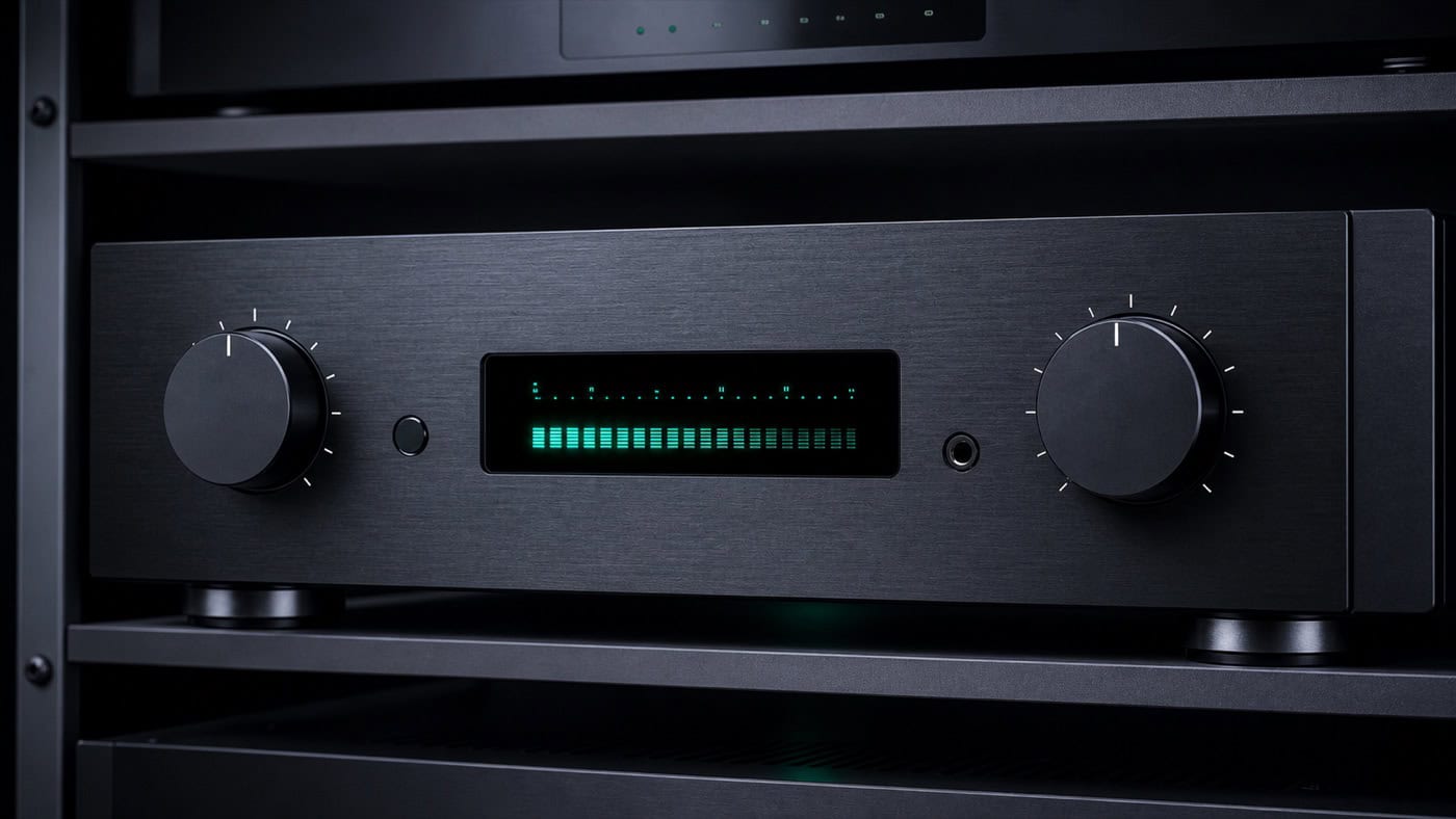 Hochwertige Digital-Analog-Wandler-Einheit mit Rotary-Switches und VFD-Display auf gebürstetem Aluminium-Frontpanel im Studio-Rack.