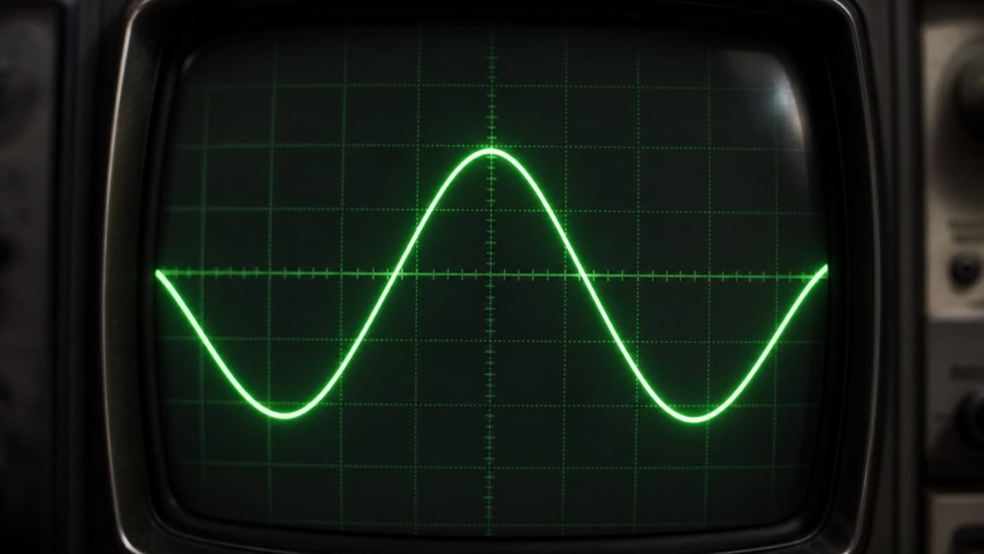 Oszilloskop-Display mit leuchtender Sinuswelle auf klassischem grünem Phosphor-Bildschirm, die Amplitude der Welle deutlich sichtbar.