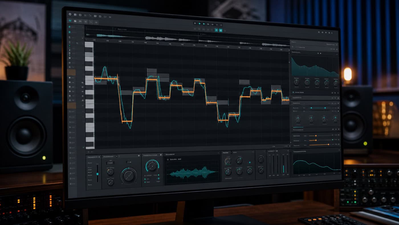 Hardware-Pitch-Correction-Gerät im Recording-Studio-Rack mit chromatischer Skalenanzeige in Bernstein und Speed-Key-Reglern.