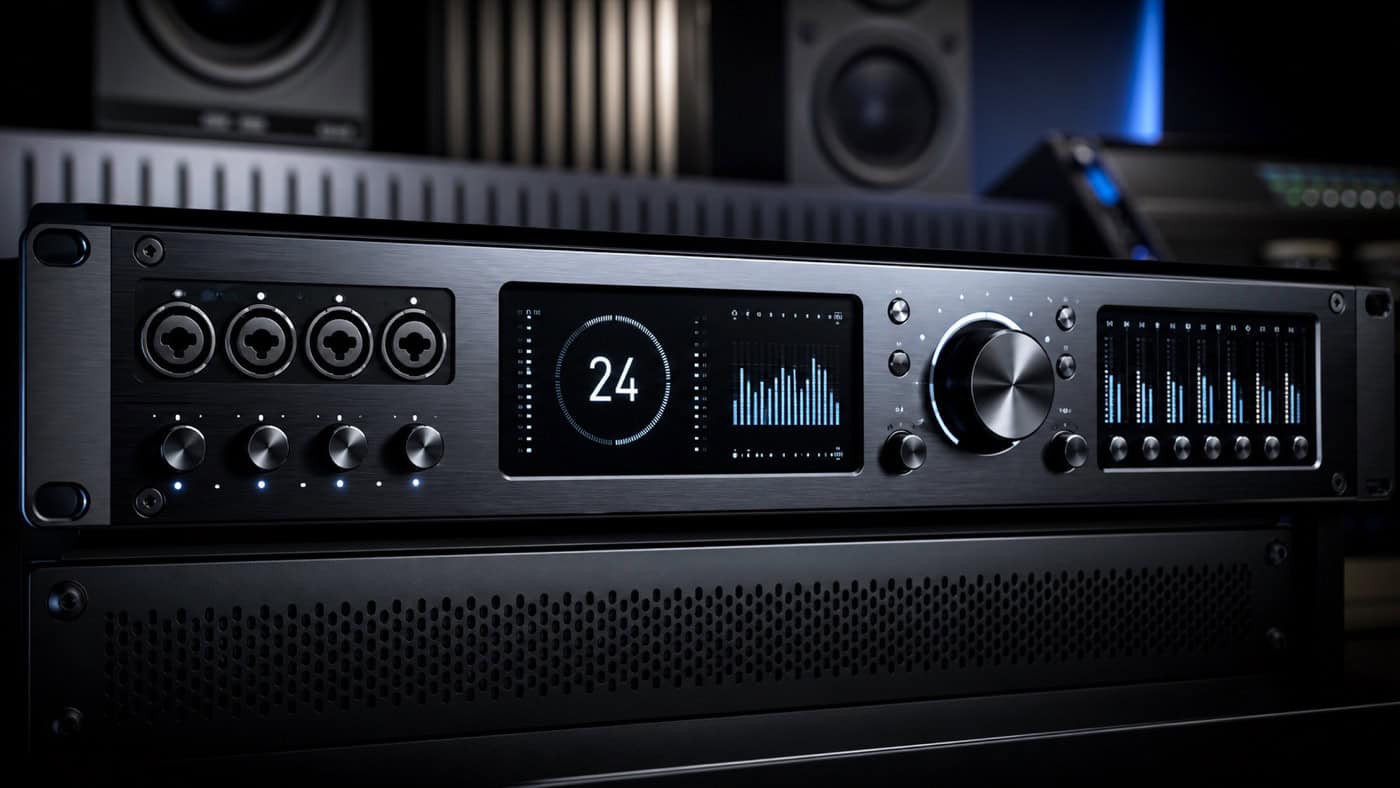 Premium-Audio-Interface-Frontpanel mit hochauflösender Bit-Tiefen-Anzeige in einem professionellen Studio-Rack mit dramatischem Studiolicht.
