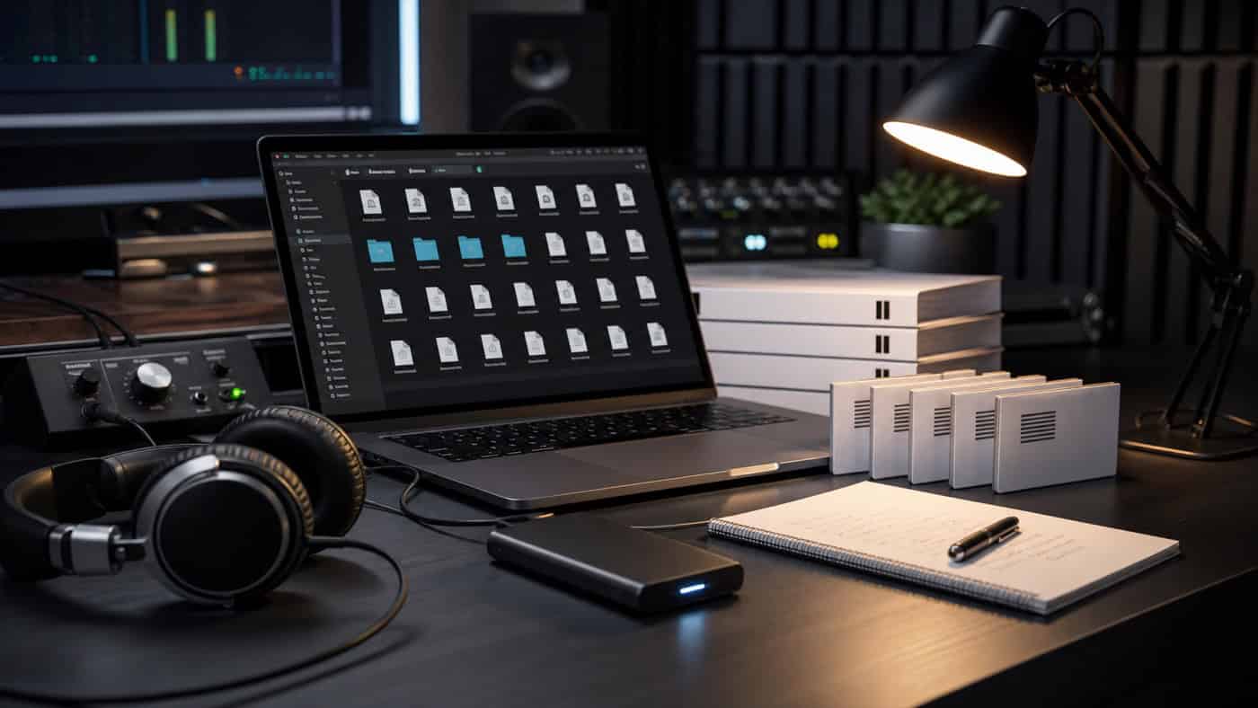 Übersichtlicher Studio-Schreibtisch mit vorbereiteten Mix-Export-Dateien auf SSD, beschrifteten Stems, Notizblock und Kopfhörern unter warmem Licht.