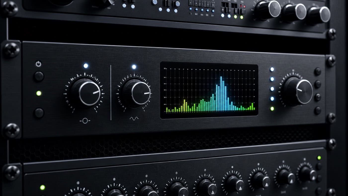 Hardware de-esser in the mastering rack with illuminated sibalance frequency LED meters in the 5–10 kHz range and threshold control.