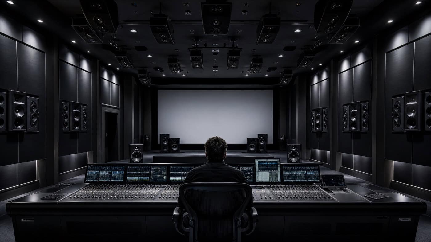 Profesjonalne pomieszczenie do Mixing dźwięku Dolby Atmos z głośnikami sufitowymi i ściennymi, dramatycznym oświetleniem teatralnym i konsolą mikserską na pierwszym planie.