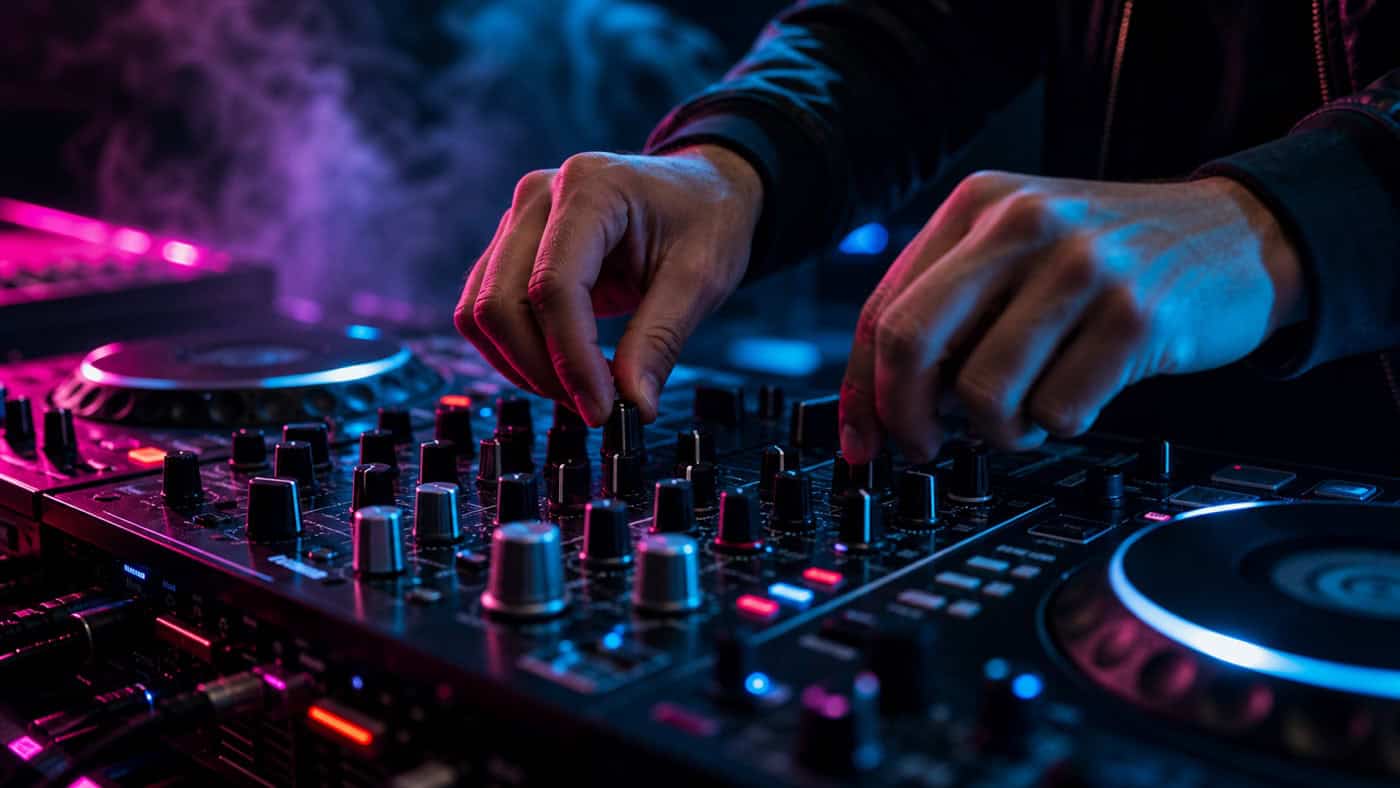 Hände an einem Synthesizer-Modul in einem dunklen Studio mit neonpinken und cyan LED-Akzenten in energetischer EDM-Produktionsatmosphäre.