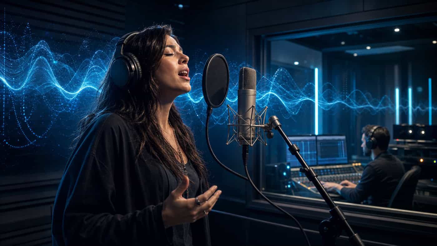 Sänger im professionellen Vocal-Booth mit Großmembranmikrofon auf Shock-Mount, mit subtiler digitaler Wellenform-Überlagerung im Hintergrund.