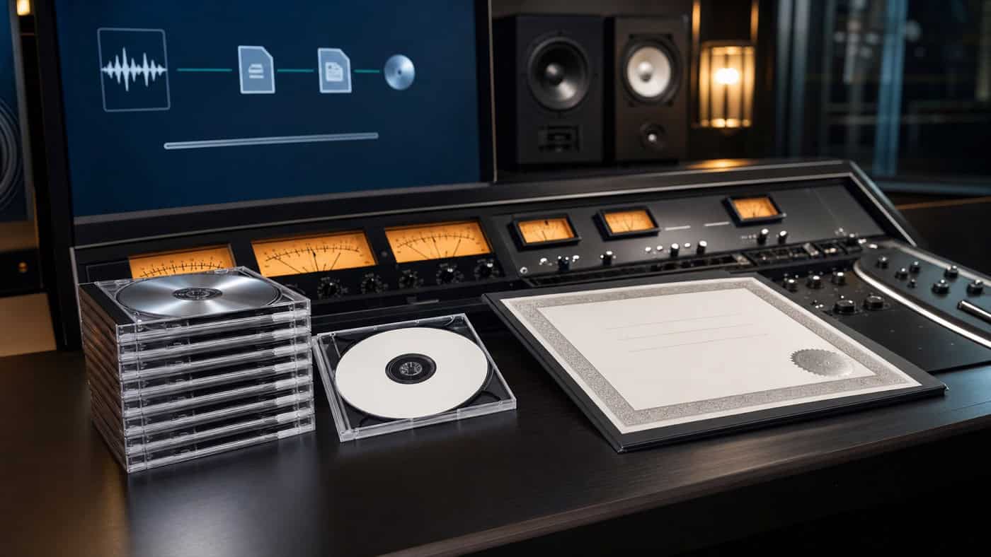 Professioneller Mastering-Arbeitsplatz mit fertigem Album-Master, CD-Cases in Jewel-Hüllen und Mastering-Zertifikat unter warmem Studiolicht.