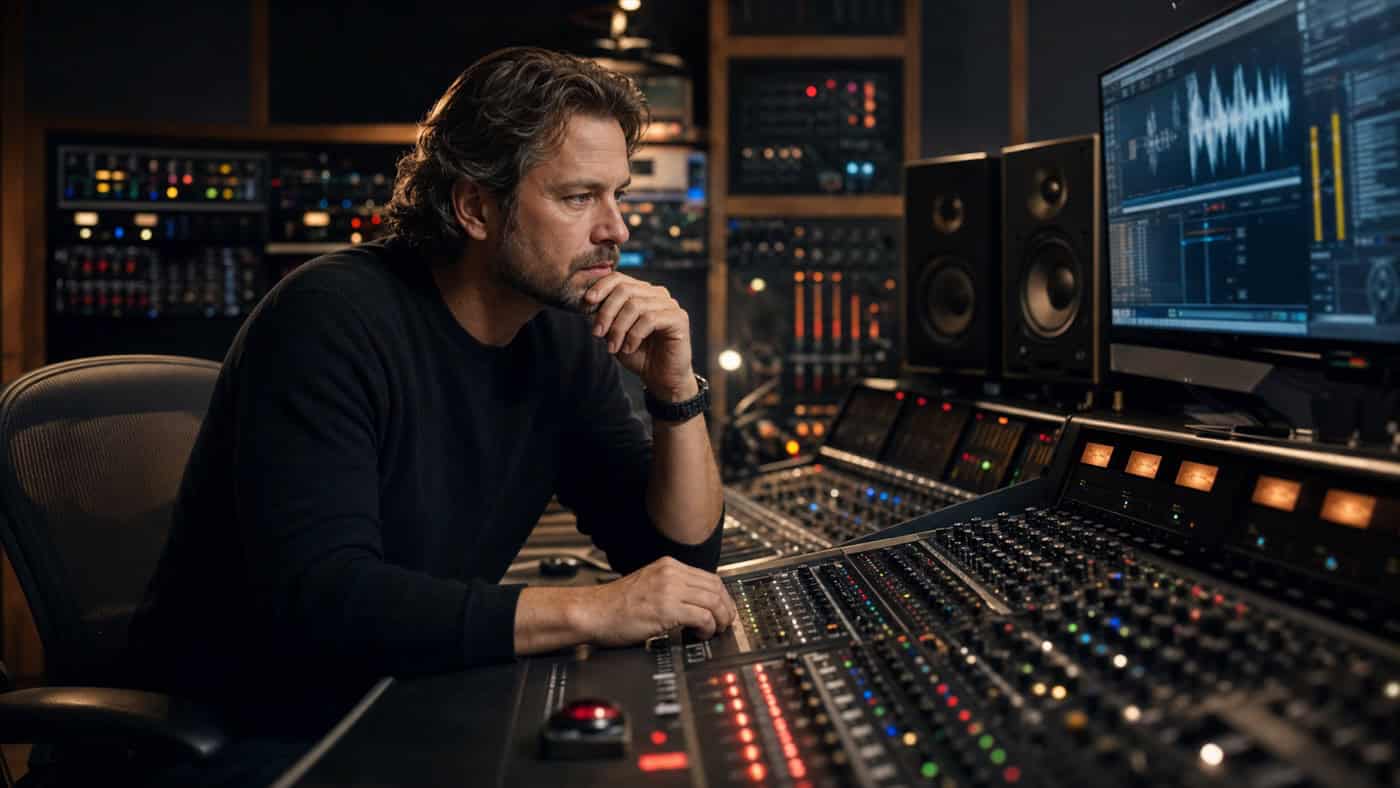 Mastering-Engineer an einer hochwertigen Konsole prüft einen KI-generierten Track analytisch, umgeben von beleuchteten Outboard-Racks.