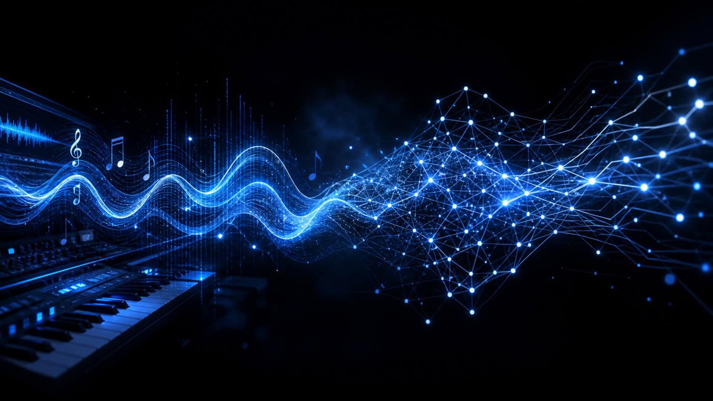 Abstrakte 3D-Darstellung von Musikwellenformen, die sich in neuronale Netzwerkpfade verwandeln, in elektrischem Blau und Weiß auf dunklem Hintergrund.