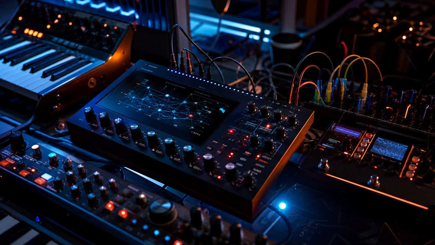 Studio-Desk-Nahaufnahme mit beleuchteten Hardware-Synthesizern, Verbindungskabeln und subtiler Neural-Network-Visualisierung auf einem Hardwarebildschirm.