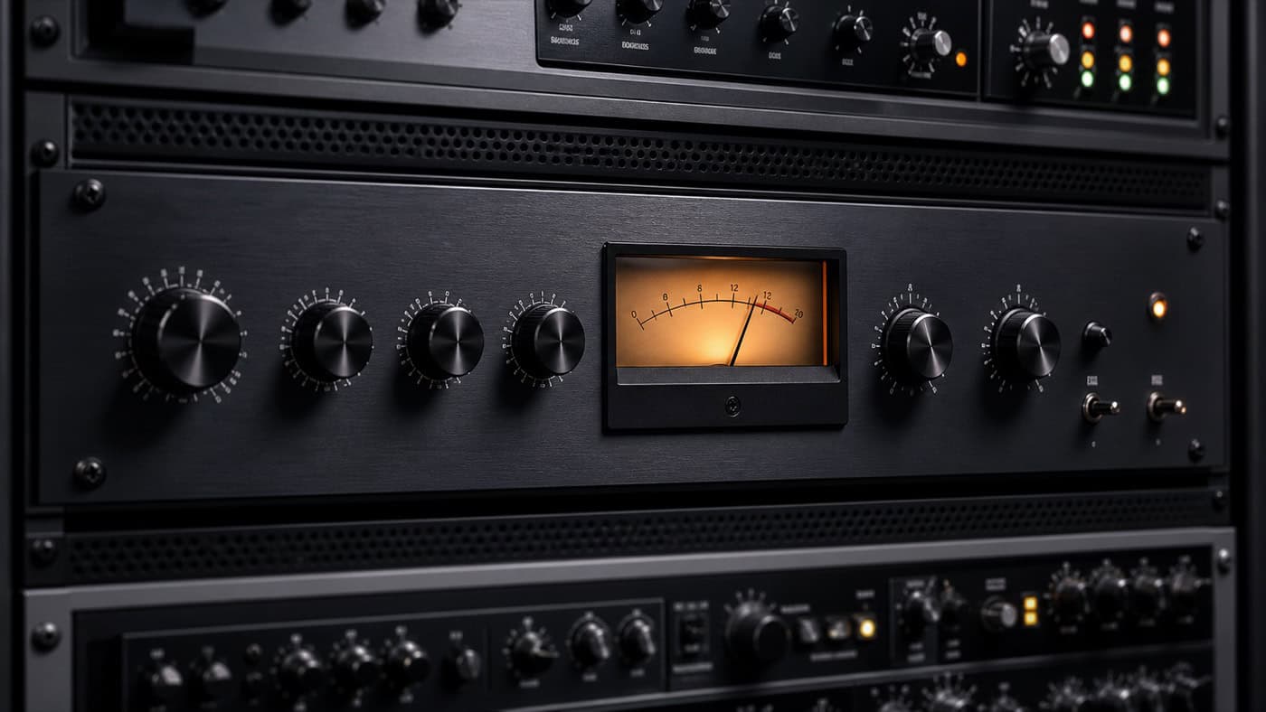 Premium-VCA-Hardware-Kompressor im Mastering-Rack mit Attack-, Release-, Threshold- und Ratio-Reglern sowie Nadelzeiger-Meter in Bernstein.