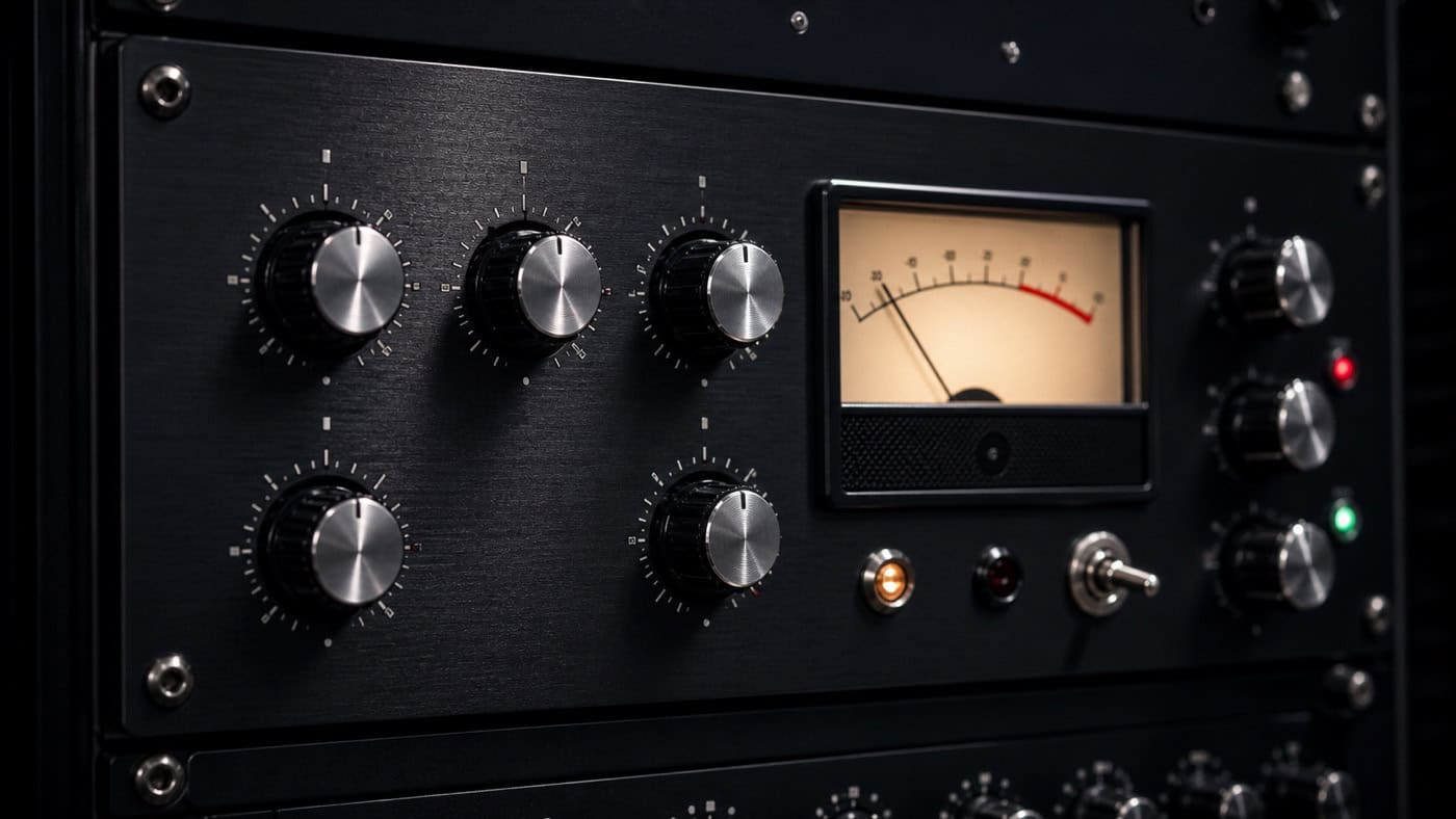 Nahaufnahme eines klassischen Studio-Kompressor-Frontpanels mit Ratio-, Attack-, Release- und Make-up-Gain-Reglern sowie VU-Meter-Ausschlag.