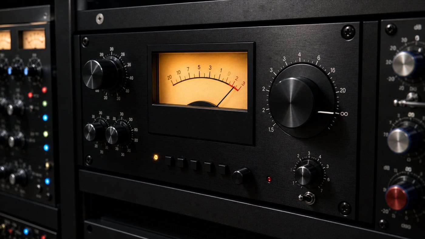 Hardware-Limiter mit Nadelzeiger-VU-Meter bei starker Gain-Reduction und maximalem Ratio-Regler im professionellen Studio-Rack.