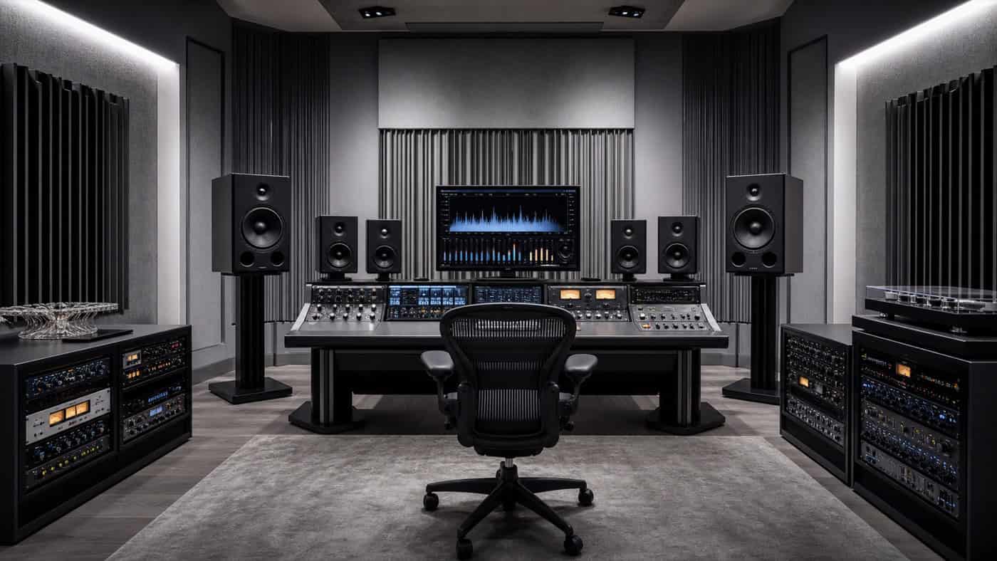 Professionelles Mastering-Studio mit ergonomischem Mastering-Chair, großen Referenz-Monitoren und beleuchteten Outboard-Racks seitlich.