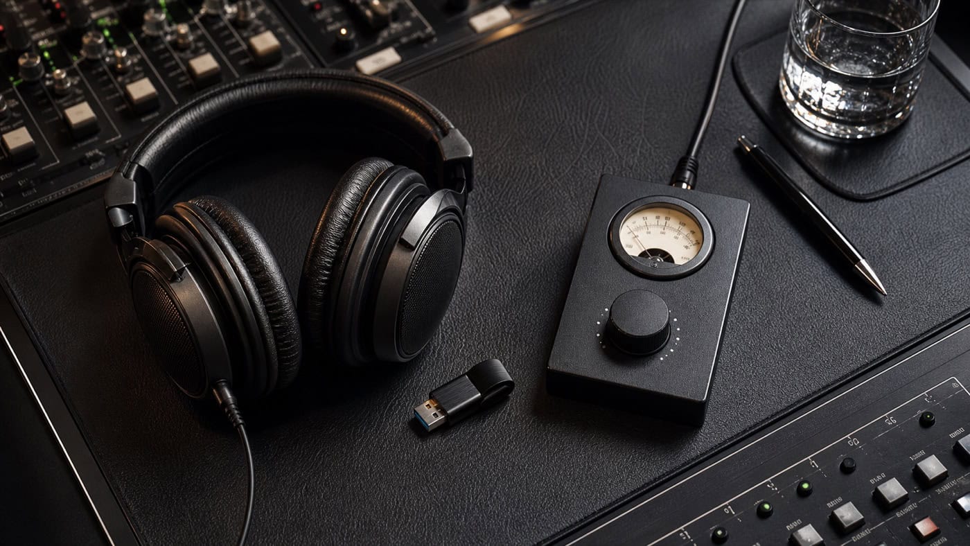 De tools van een geluidstechnicus perfect uitgekozen op een leren bureauonderlegger: hoogwaardige studiohoofdtelefoons, een USB-referentieschijf en een niveauregelaar onder een warm bureaulicht.