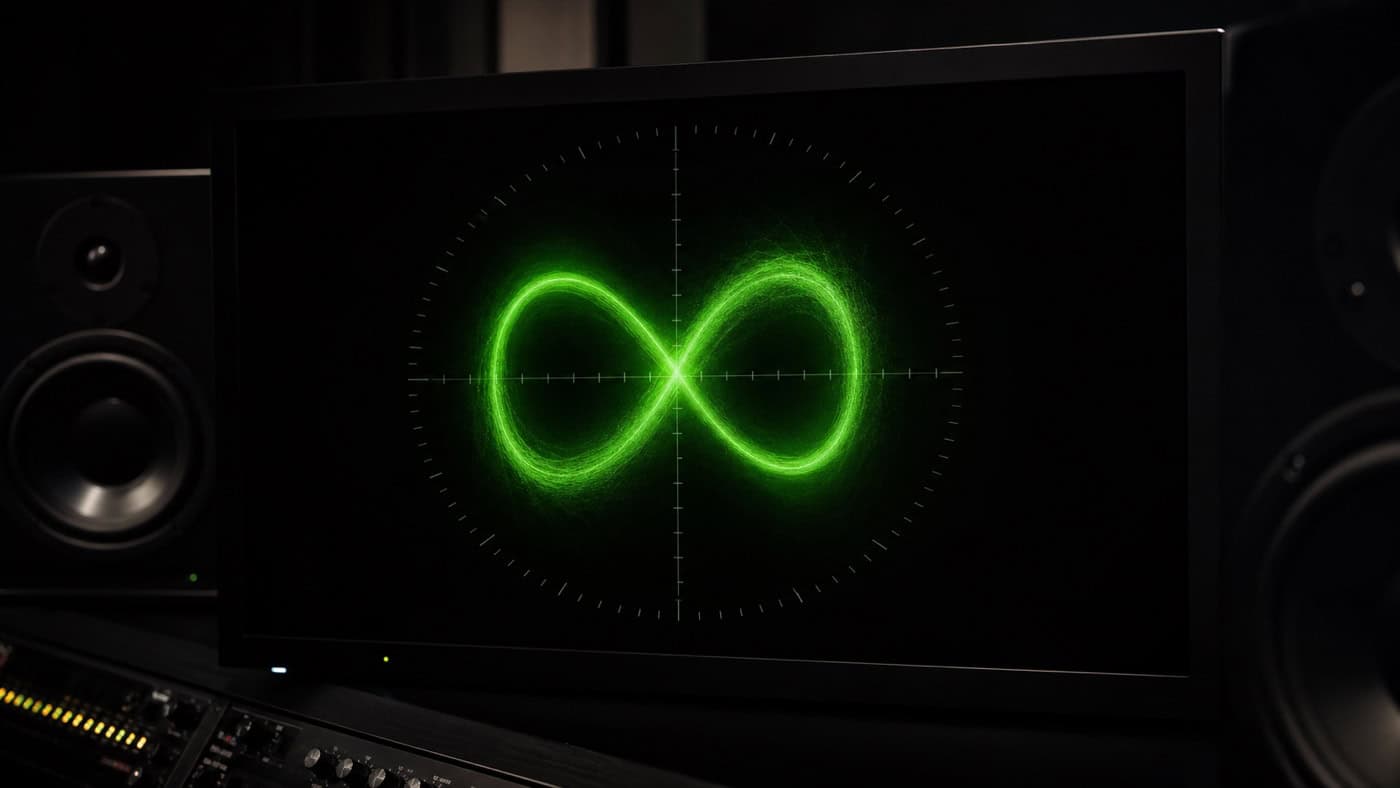 Display a oscilloscopio stereo Lissajous luminoso con un pattern ellittico verde elettrico su uno sfondo nero intenso, tipico degli analizzatori di studio di mastering.