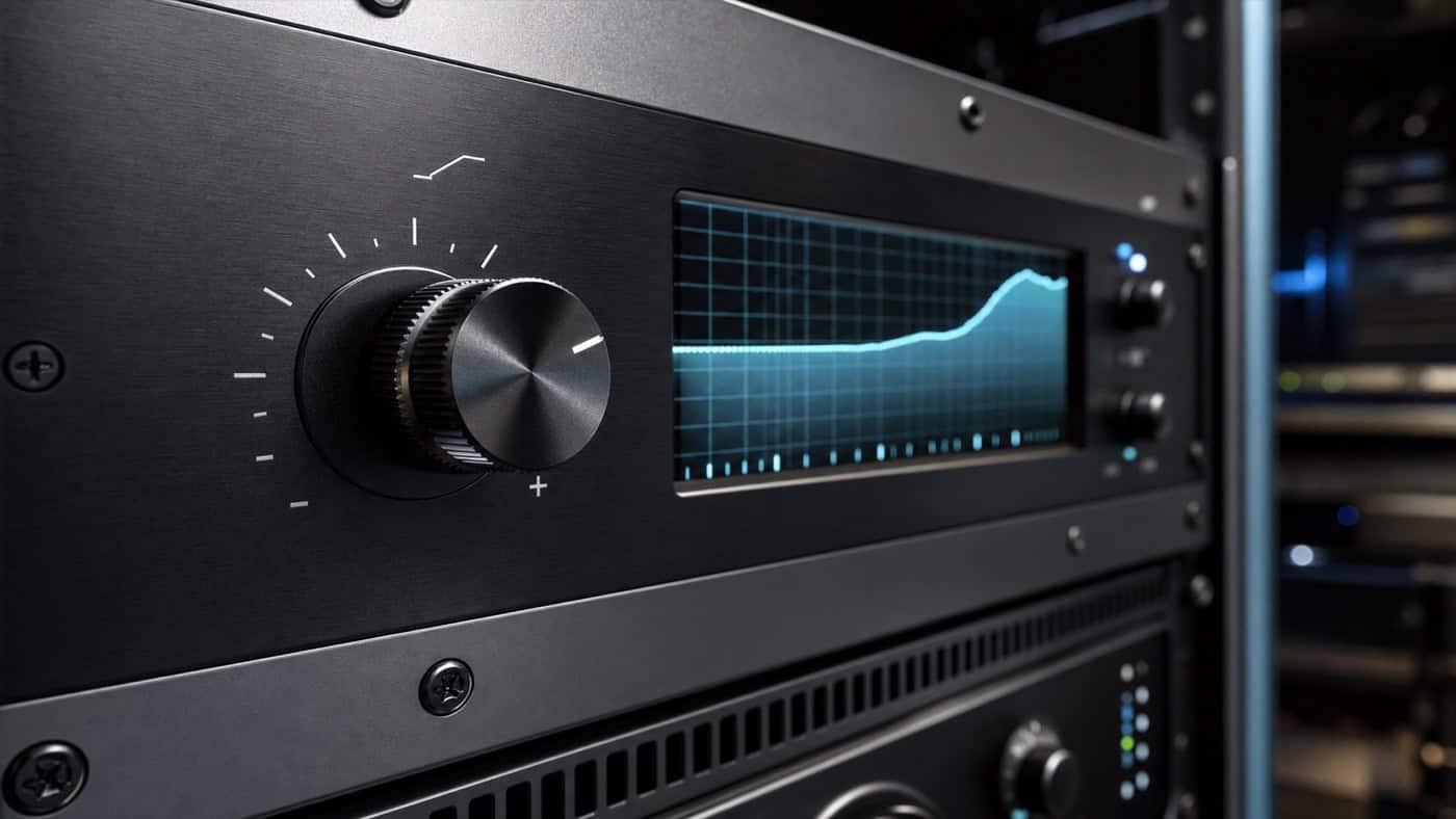 Hardware-High-Shelf-EQ im Mastering-Rack mit nach oben gedrehtem Höhenregler und Frequenzanzeige mit Hochfrequenzanhebung.