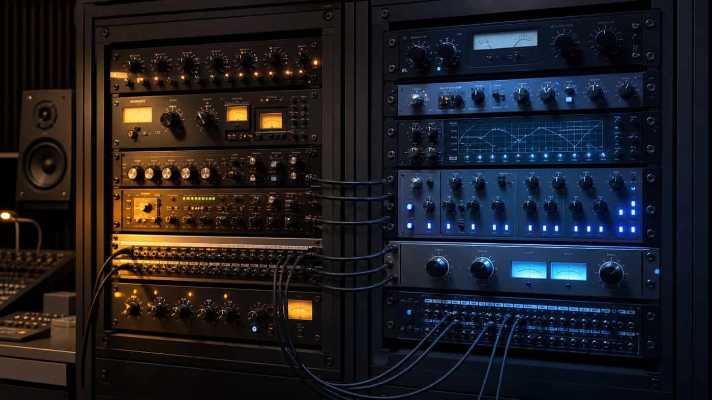 Zwei separate Signalketten im Studio-Rack nebeneinander: Mixing-Kette warm beleuchtet links, Mastering-Kette kühl beleuchtet rechts.