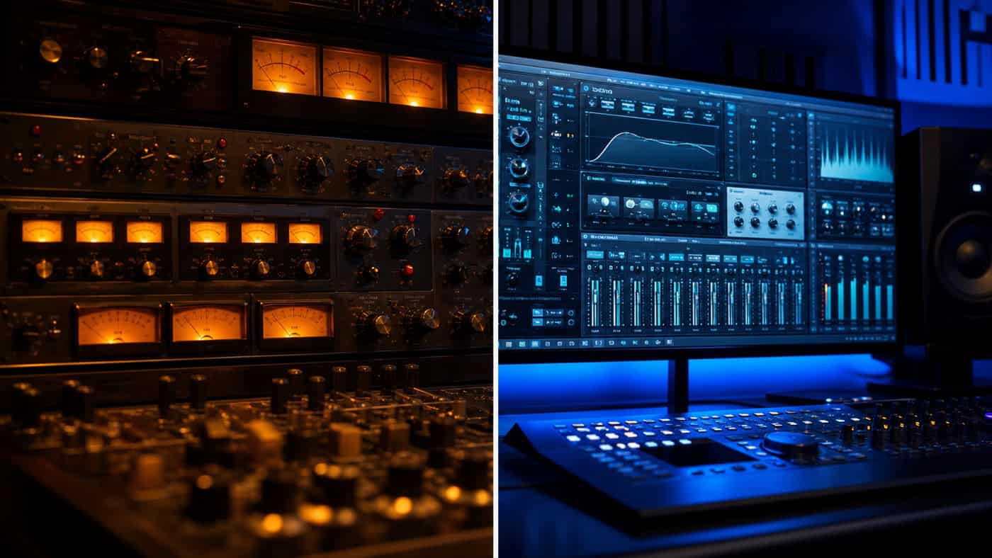 Geteilte Studio-Szene mit warmem Analoggeräte-Bereich links (Meter und Knöpfe) und kühlem Software-Plugin-Monitor rechts im Vergleich.