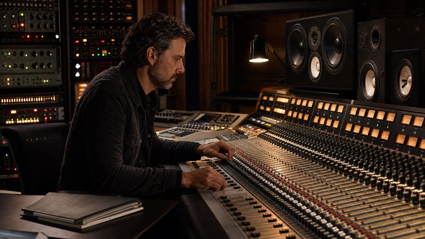 Mixing-Engineer konzentriert an einer großformatigen Analogkonsole mit beleuchteten Outboard-Racks und angepeilten Studio-Monitoren.