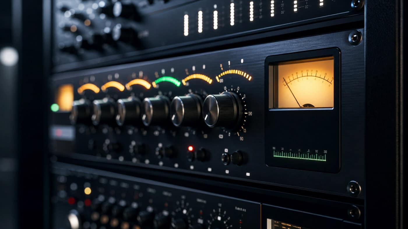 Nahaufnahme eines Premium-Hardware-Equalizers mit beleuchteten Frequenzband-Reglern und Nadelzeiger-Meter in Bernstein und Grün.