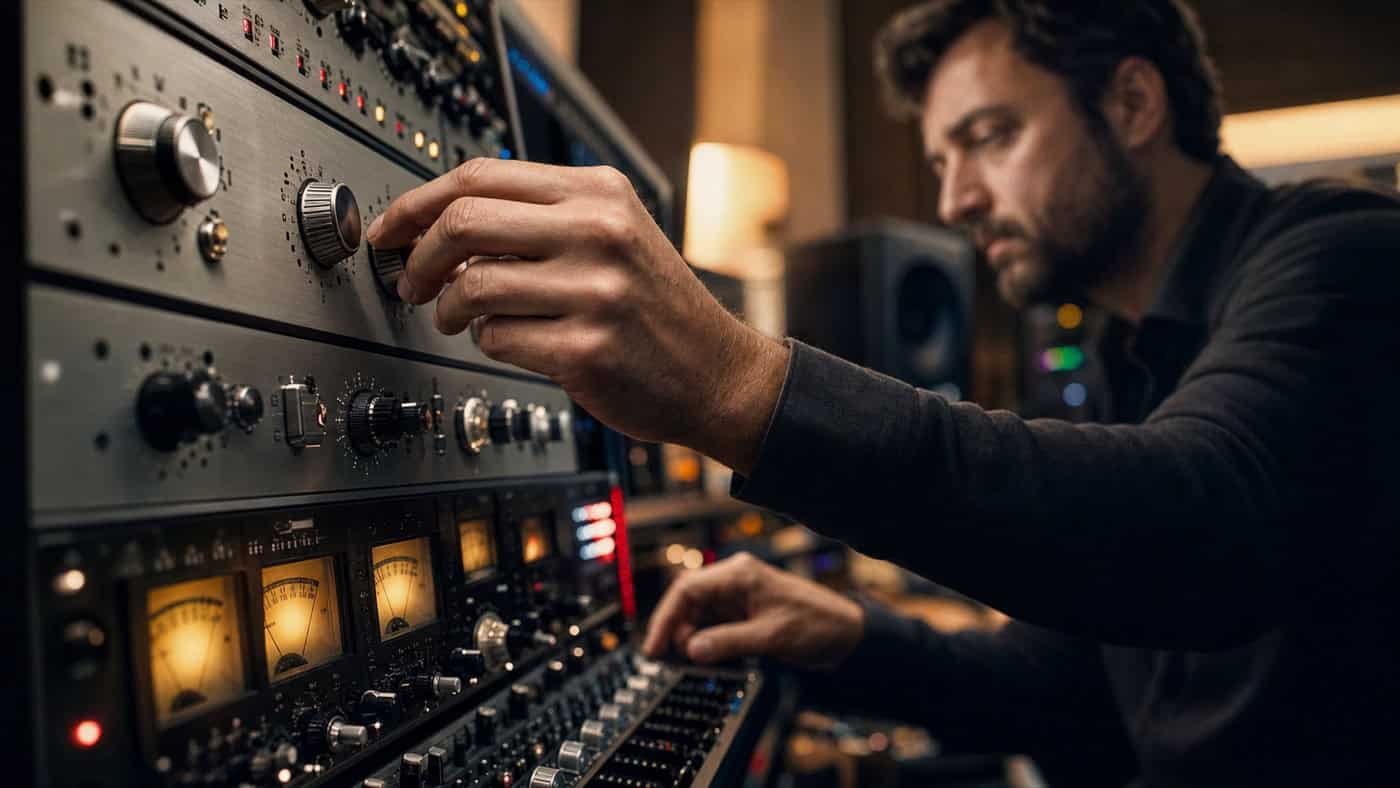 Hände eines Mastering-Engineers an hochwertigen Analog-Geräten im Rack mit leuchtenden VU-Metern und warmem Studiolicht.