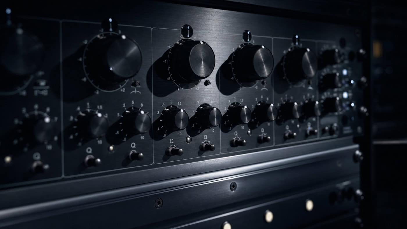 Parametrischer EQ-Hardware im Mastering-Studio mit scharf fokussierten Low-Mid-Frequenzreglern unter Spotlight im dunklen Rack.