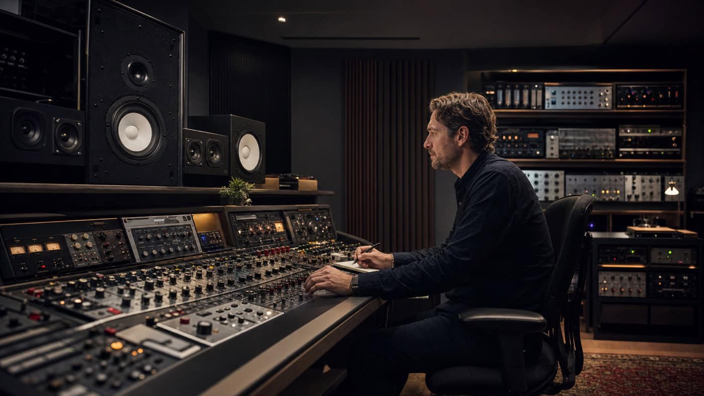 Μηχανικός mastering σε επαγγελματικό στούντιο mastering με μεγάλες οθόνες αναφοράς και φωτιζόμενο εξωτερικό εξοπλισμό στο rack.