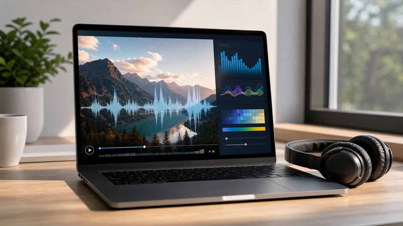 Najwyższej klasy interfejs audio na nowoczesnym biurku studyjnym z delikatnym światłem dziennym na obudowie ze szczotkowanego aluminium.