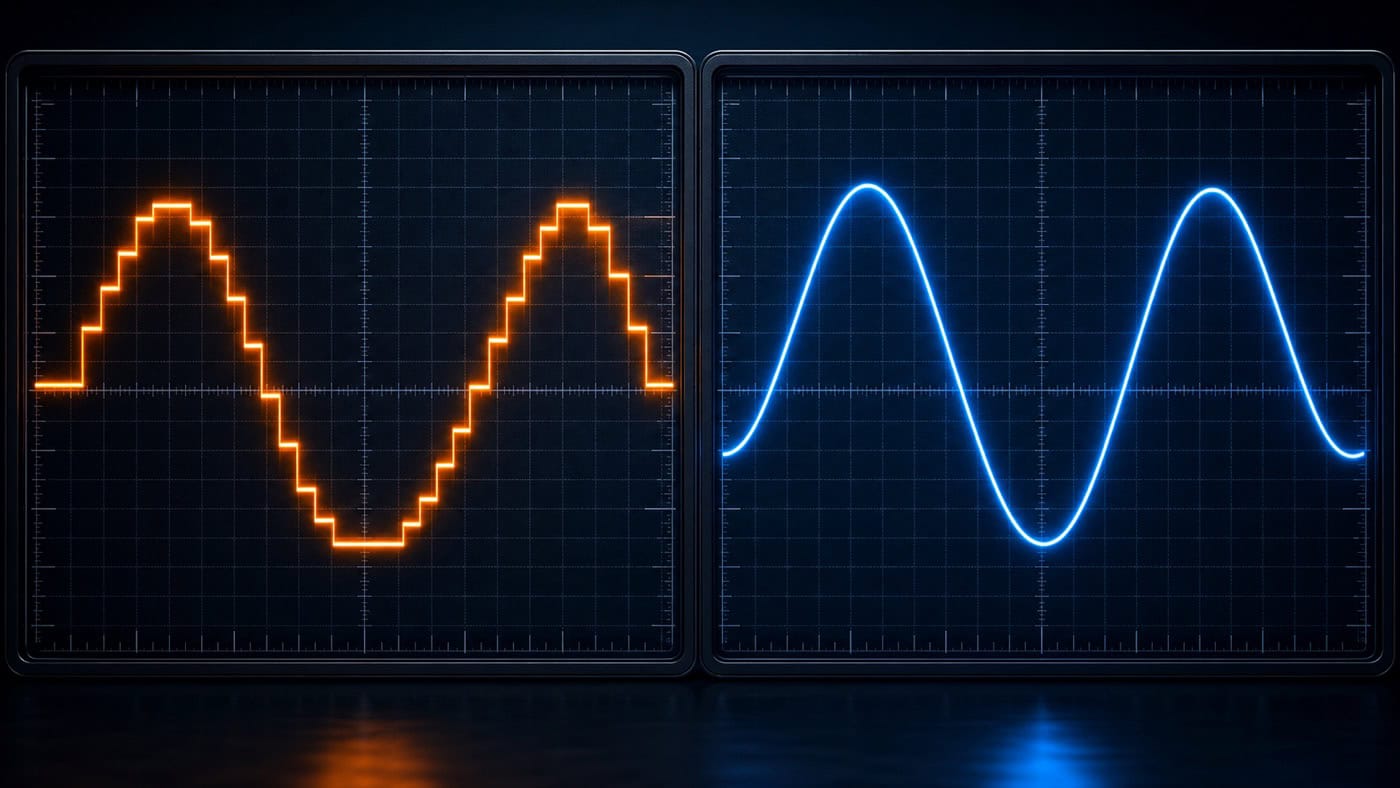 Visualisation 3D de deux ondes sinusoïdales en comparaison&nbsp;: courbe d’aliasing grossière en orange et courbe de suréchantillonnage lisse en bleu sur un fond sombre.