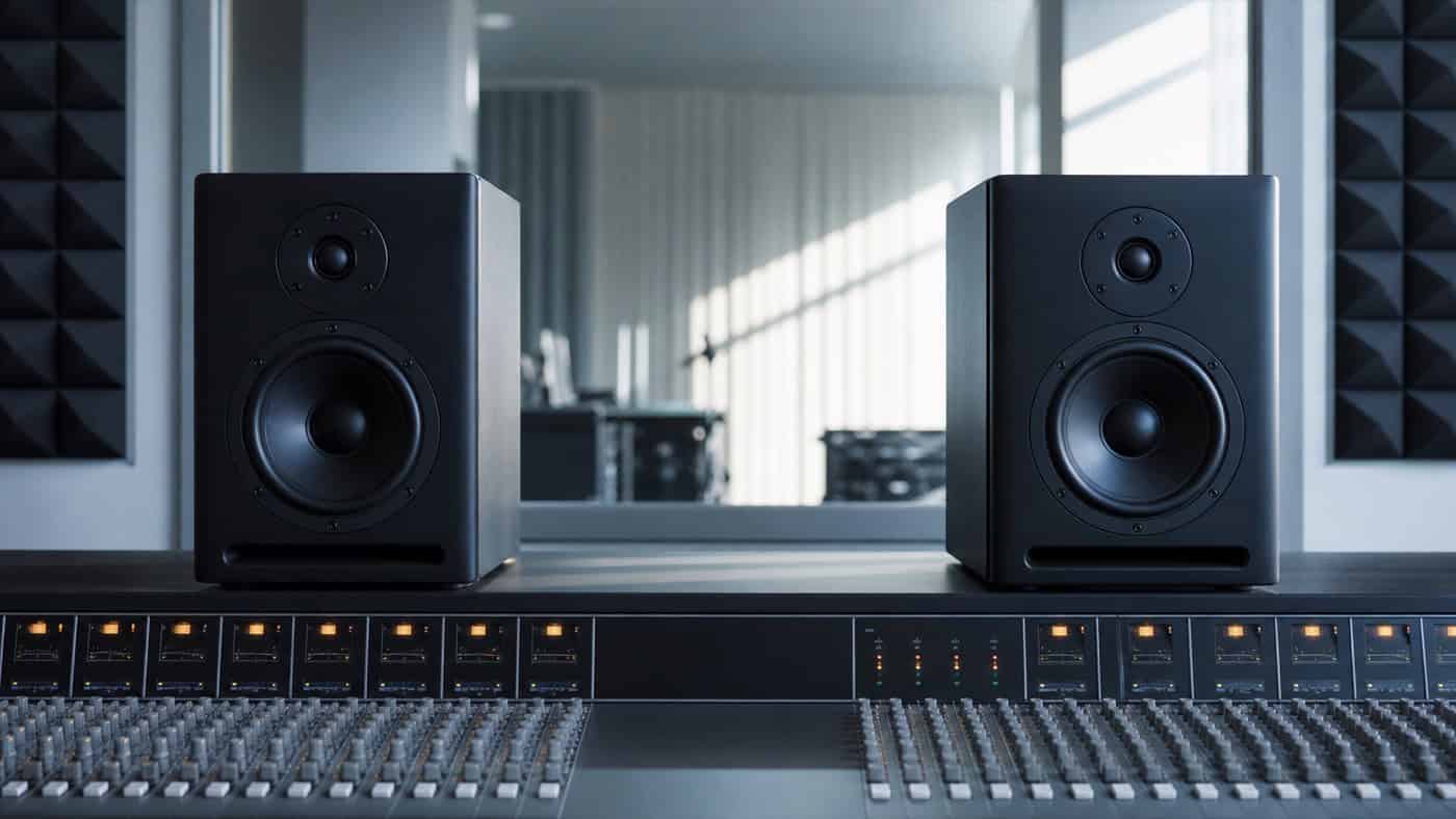 Zwei symmetrisch aufgestellte Studio-Monitor-Lautsprecher auf einem Mixpult mit Tageslicht und Akustikschaum im Hintergrund.