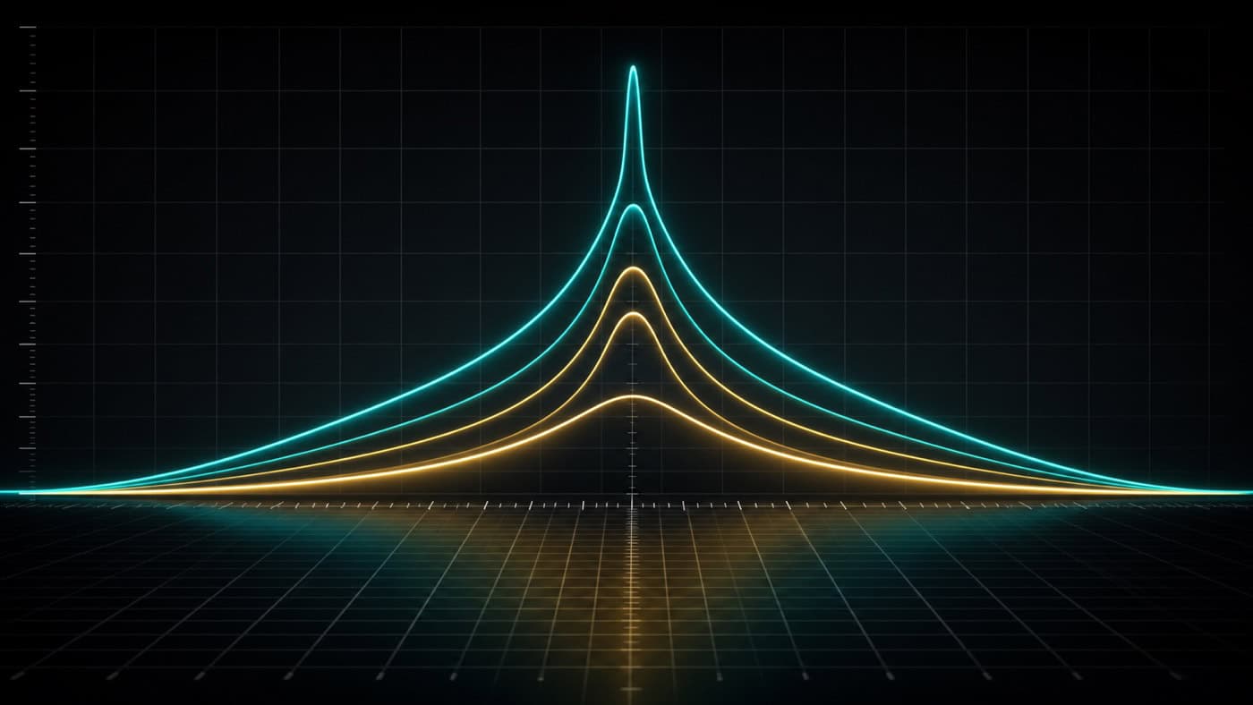 3D-Visualisierung mehrerer Glocken-EQ-Kurven mit unterschiedlicher Q-Breite von schmal bis breit in Türkis und Gold auf dunklem Frequenzgitter.