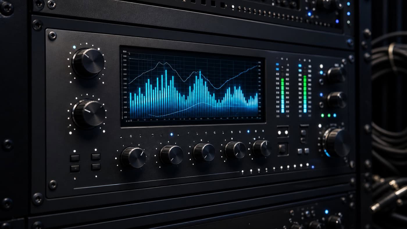Nahaufnahme eines professionellen Rauschreduktions-Hardware-Geräts im Rack mit Frequenzanzeige und Reduktionsreglern in dunkler Studioumgebung.