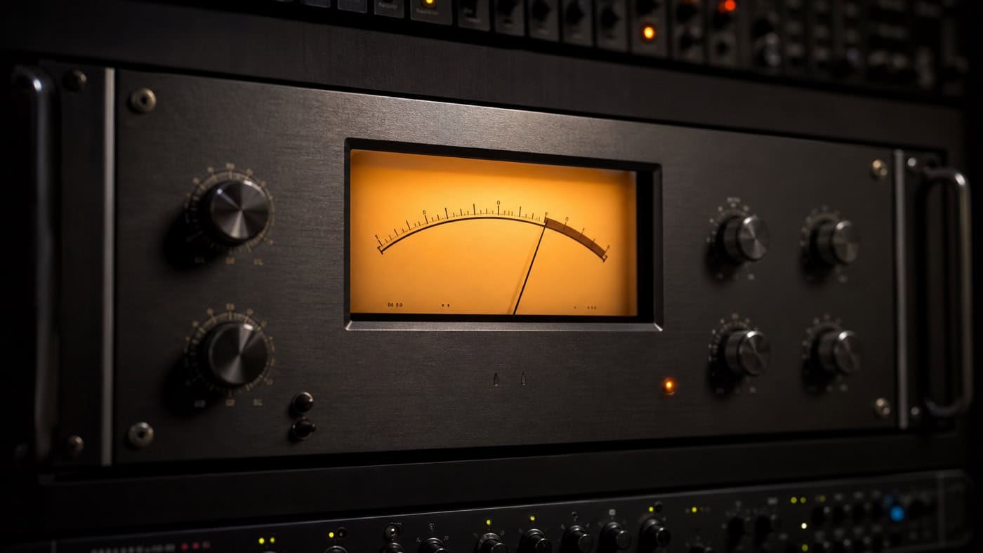 Hardware-RMS-Meter mit ballistischem Nadelzeiger und warmem Bernstein-Meter-Licht im dunklen professionellen Mastering-Rack.